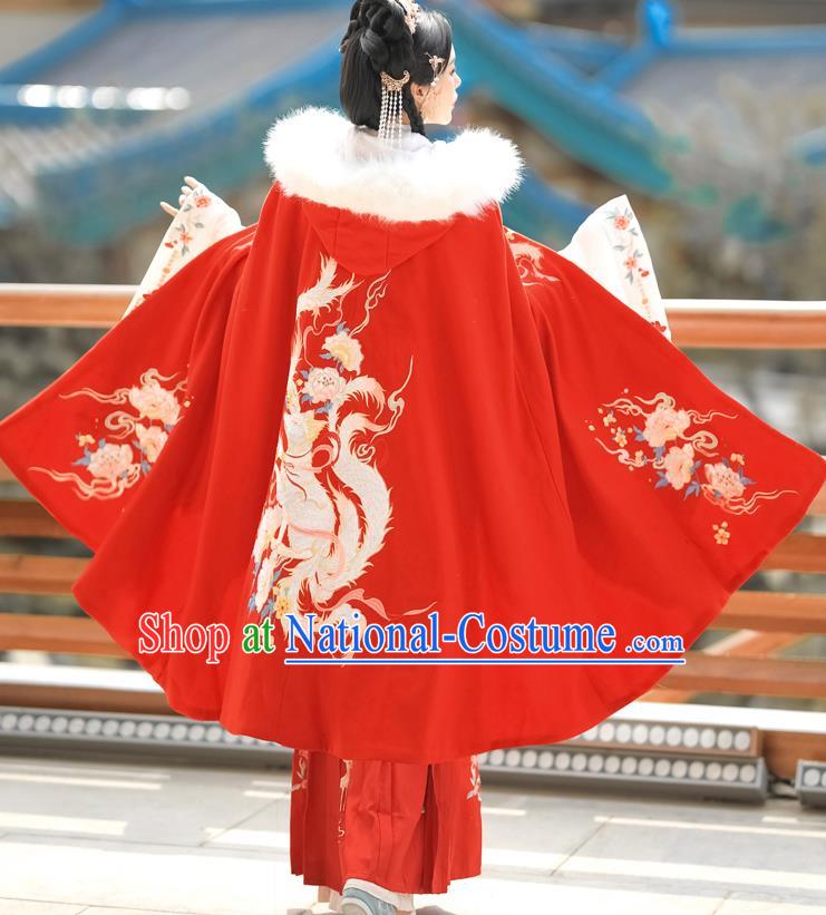 China Ancient Princess Garment Costume Traditional Hanfu Red Woolen Mantle Ming Dynasty Noble Lady Embroidered Cloak Clothing