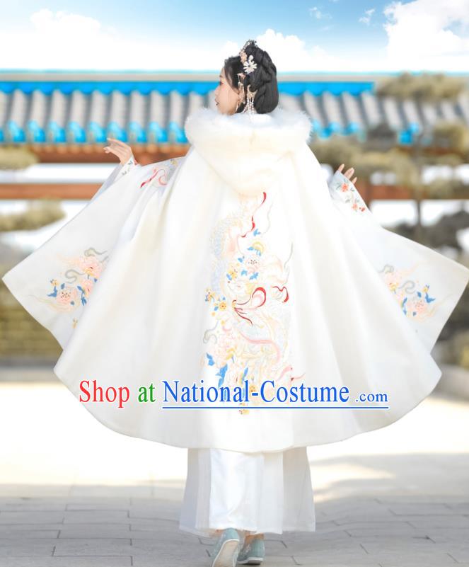 China Ming Dynasty Noble Lady Embroidered Cloak Clothing Ancient Princess Garment Costume Traditional Hanfu White Woolen Mantle