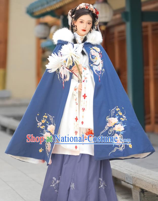 Chinese Ancient Place Lady Clothing Traditional Hanfu Embroidered Blue Mantle Ming Dynasty Princess Cloak Costume