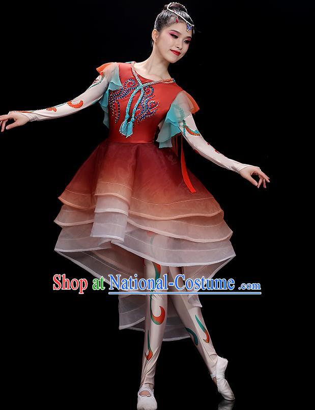 China Stage Performance Garments Modern Dance Clothing Opening Dance Red Dress Outfit Umbrella Dance Costumes