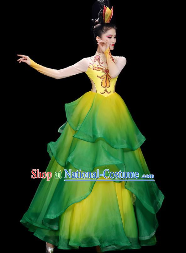 China Flower Dance Costume Stage Performance Garments Modern Dance Clothing Opening Dance Green Dress