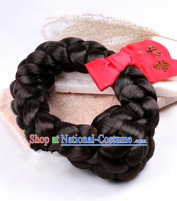 Korean Traditional Bride Braid Wig Handmade Hanbok Black Hair Piece Court Women Hair Bun