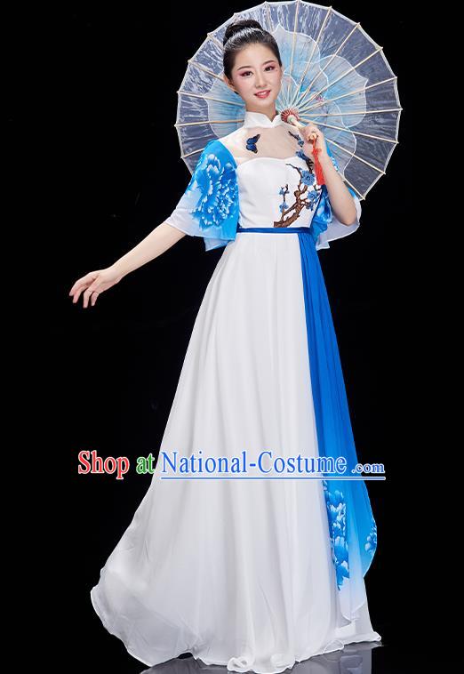 China Modern Dance White Dress Umbrella Dance Costume Chorus Performance Garment Lotus Dance Clothing