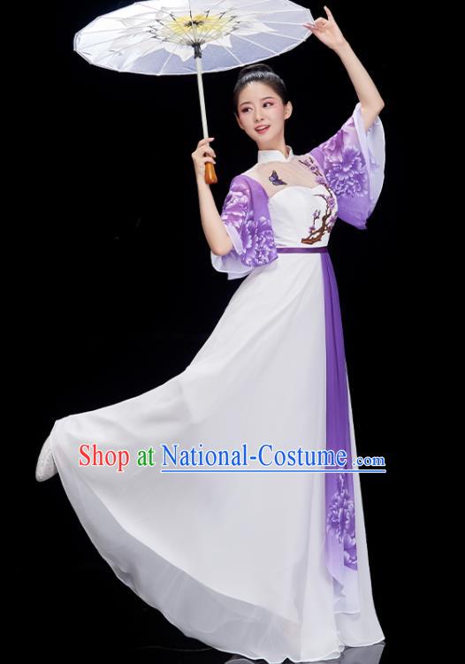 China Chorus Performance Garment Peony Dance Clothing Classical Dance Purple Dress Umbrella Dance Costume