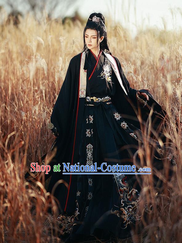 Chinese Traditional Embroidered Hanfu Robe Jin Dynasty Young Childe Garment Costumes Ancient Swordsman Black Clothing