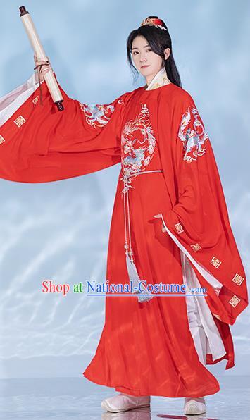 Chinese Ancient Hanfu Wedding Clothing Traditional Groom Red Robe Song Dynasty Scholar Garment Costumes