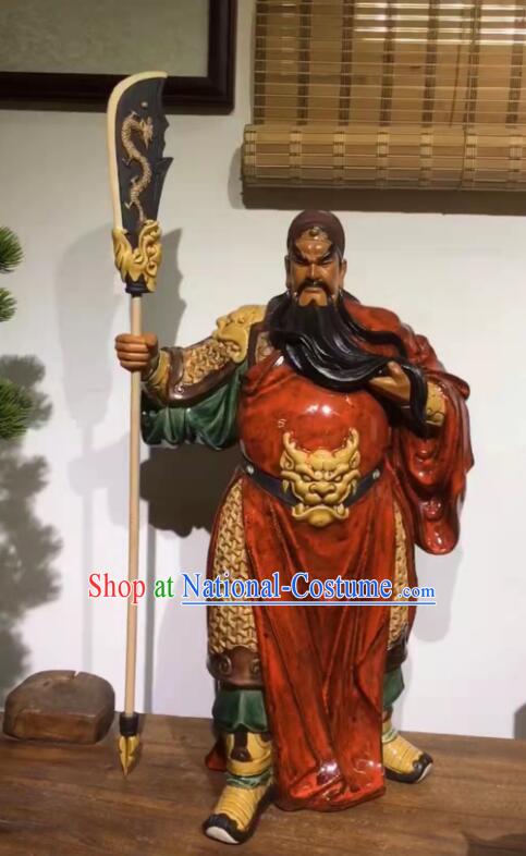 Guan Yu Porcelain Statue Arts Handmade Guan Gong Stand Sculpture Chinese Shi Wan Ceramic Figurine