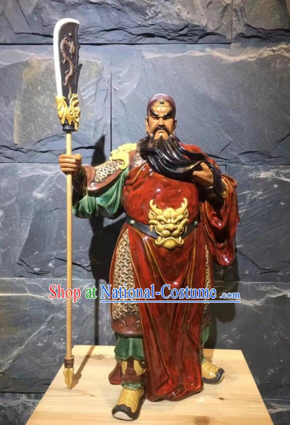 Guan Yu Porcelain Statue Arts Handmade Guan Gong Stand Sculpture Chinese Shi Wan Ceramic Figurine