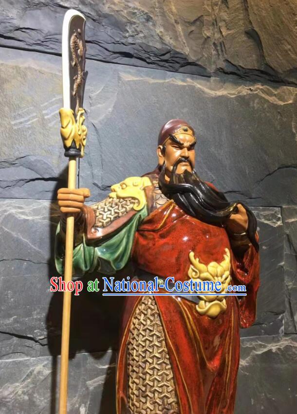 Guan Yu Porcelain Statue Arts Handmade Guan Gong Stand Sculpture Chinese Shi Wan Ceramic Figurine