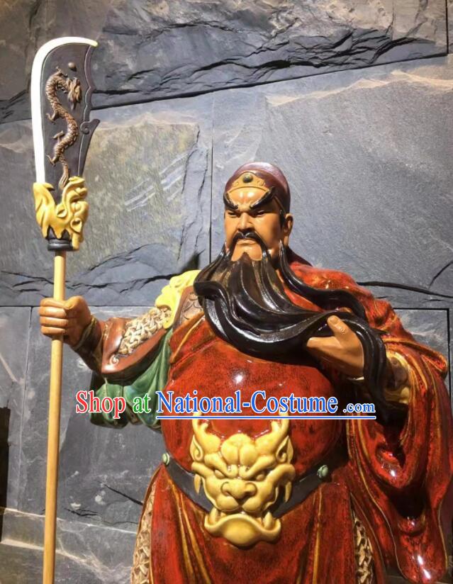 Guan Yu Porcelain Statue Arts Handmade Guan Gong Stand Sculpture Chinese Shi Wan Ceramic Figurine