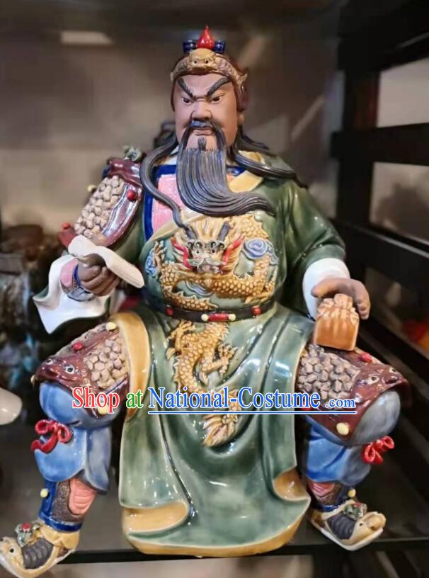 Chinese Shi Wan Ceramic Figurine Guan Yu Porcelain Statue Arts Handmade Guan Gong Night Reading Sculpture