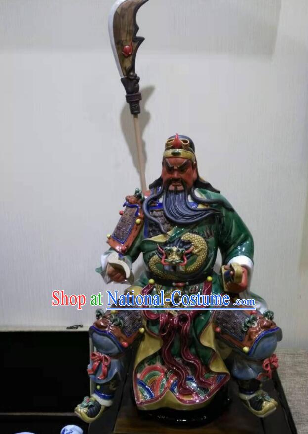 Handmade Guan Gong Night Reading Sculpture Chinese Shi Wan Ceramic Figurine Guan Yu Porcelain Statue Arts