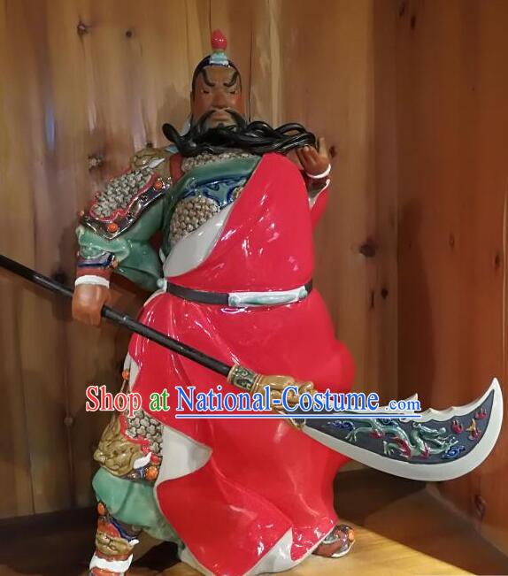 Handmade 22 inches Guan Yu Porcelain Statue Arts Guan Gong Sculpture Chinese Shi Wan Ceramic Figurine