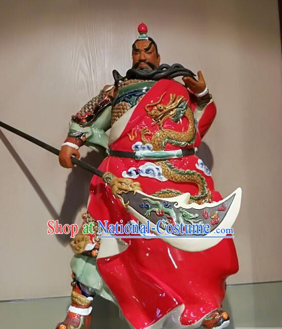 Chinese Shi Wan Ceramic Figurine Handmade 22 inches Guan Yu Porcelain Statue Arts Guan Gong Sculpture