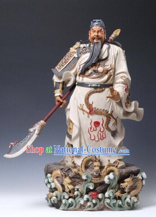 24 inches Shi Wan Ceramic Figurine Handmade Guan Yu Statue Arts Chinese Guan Gong Porcelain Sculpture