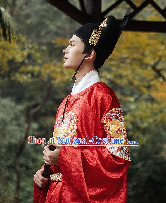 Chinese Ming Dynasty Historical Costumes Ancient Wedding Groom Red Robe Hanfu Clothing