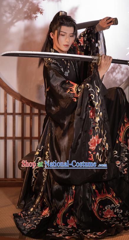 Chinese Song Dynasty Noble Childe Historical Costumes Ancient Swordsman Black Hanfu Clothing