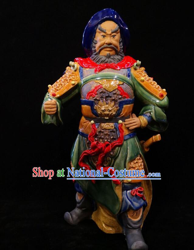 Handmade Zhou Cang Sculpture Chinese Shi Wan Ceramic Figurine Guan Yu Guardian Porcelain Statue Arts