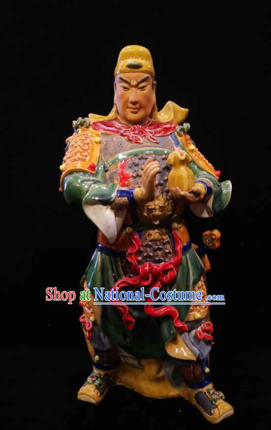 Handmade Guan Yu Guardian Porcelain Statue Arts Guan Ping Sculpture Chinese Shi Wan Ceramic Figurine