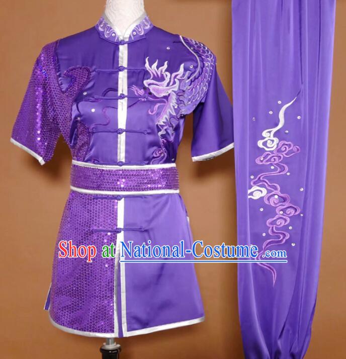 Top Wushu Competition Suits Kung Fu Training Clothes Shaolin Purple Outfit Martial Arts Uniform for Men for Women