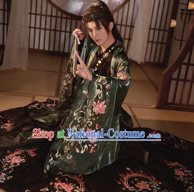 China Traditional Embroidered Hanfu Clothing Jin Dynasty Noble Childe Garment Costumes Ancient Swordsman Green Outfits