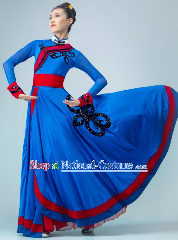 Chinese Mongol Nationality Dance Costume Mongolian Dance Deep Blue Dress Stage Performance Garment Woman Dance Clothing