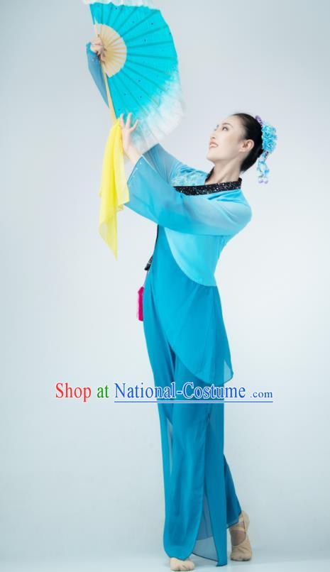 Chinese Fan Dance Blue Outfit Women Group Garments Folk Dance Clothing Silk Fan Performance Costume