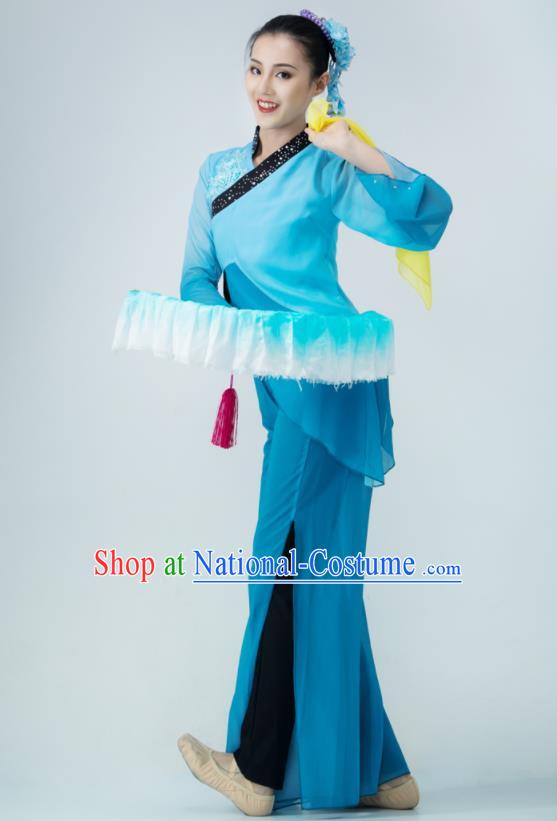 Chinese Fan Dance Blue Outfit Women Group Garments Folk Dance Clothing Silk Fan Performance Costume