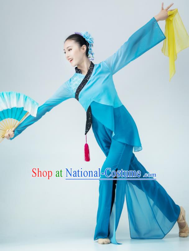 Chinese Fan Dance Blue Outfit Women Group Garments Folk Dance Clothing Silk Fan Performance Costume