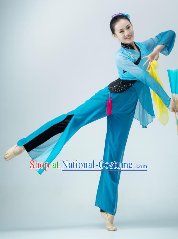 Chinese Fan Dance Blue Outfit Women Group Garments Folk Dance Clothing Silk Fan Performance Costume