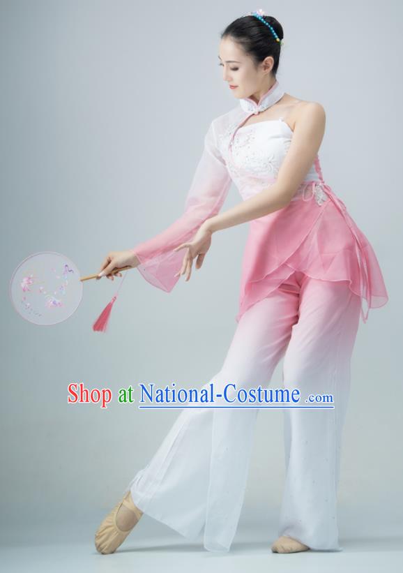 Chinese Yangko Performance Costume Fan Dance Pink Outfit Women Group Garments Folk Dance Clothing