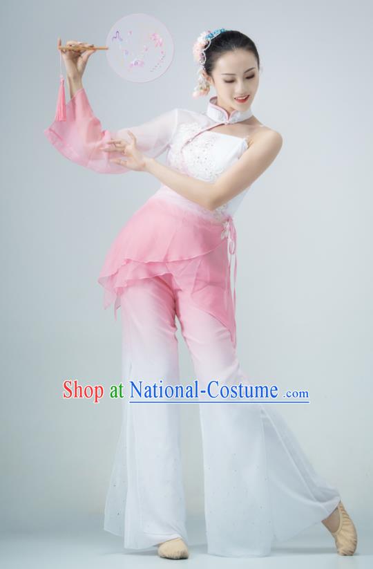 Chinese Yangko Performance Costume Fan Dance Pink Outfit Women Group Garments Folk Dance Clothing