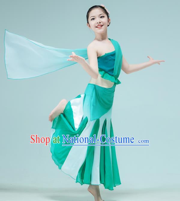 Chinese Children Peacock Dance Green Dress Dai Nationality Dance Garment Classical Dance Clothing Stage Performance Costume