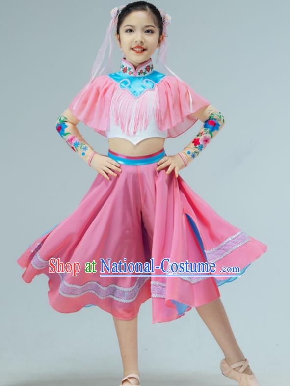 Chinese Stage Performance Costume Children Fan Dance Pink Dress Drum Dance Garment Folk Dance Clothing