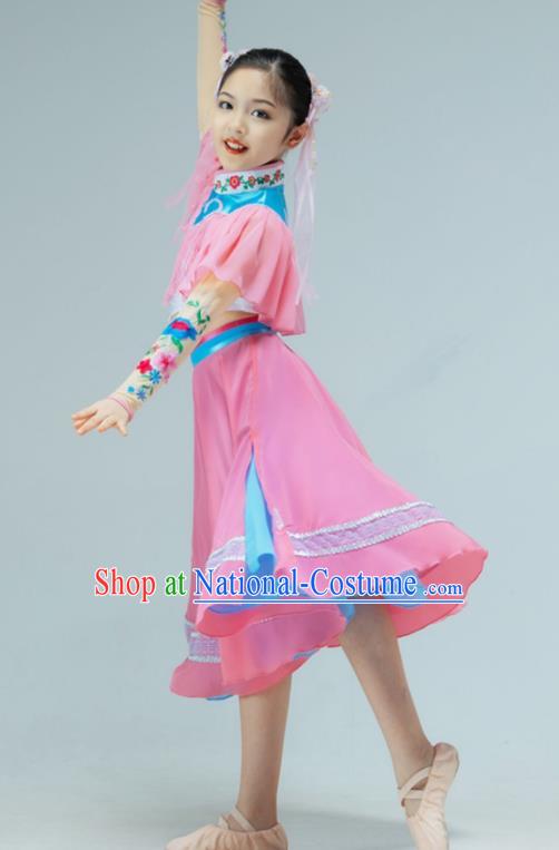 Chinese Stage Performance Costume Children Fan Dance Pink Dress Drum Dance Garment Folk Dance Clothing