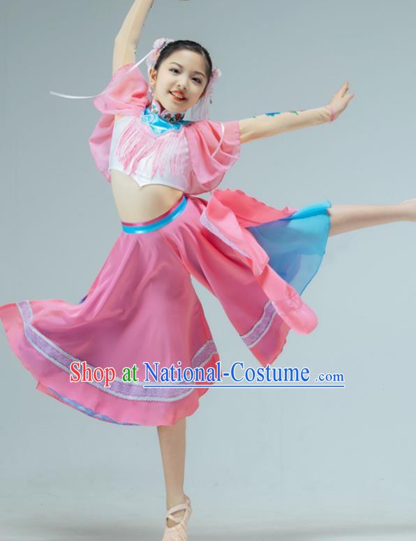 Chinese Stage Performance Costume Children Fan Dance Pink Dress Drum Dance Garment Folk Dance Clothing