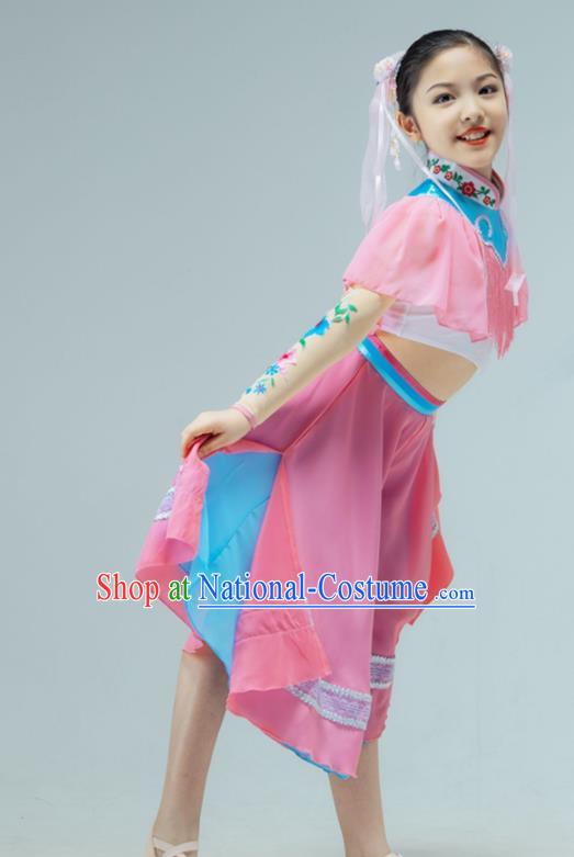 Chinese Stage Performance Costume Children Fan Dance Pink Dress Drum Dance Garment Folk Dance Clothing