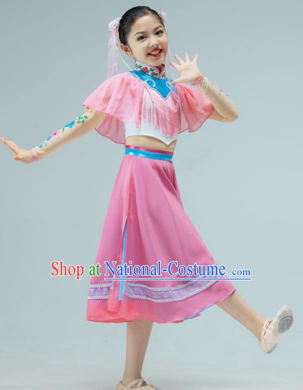 Chinese Stage Performance Costume Children Fan Dance Pink Dress Drum Dance Garment Folk Dance Clothing