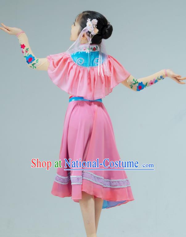 Chinese Stage Performance Costume Children Fan Dance Pink Dress Drum Dance Garment Folk Dance Clothing