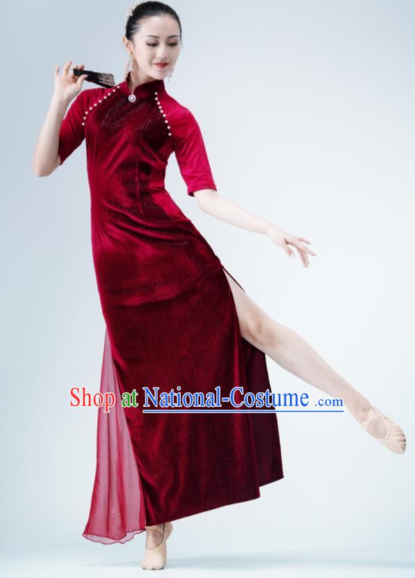 Chinese Classical Dance Clothing Qipao Performance Costume Women Dance Wine Red Velvet Cheongsam Ballet Dance Garment