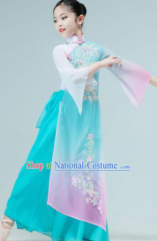 Chinese Children Fan Dance Clothing Stage Performance Costume Umbrella Dance Green Dress Outfit Classical Dance Garment