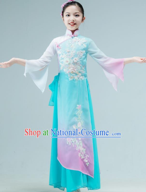 Chinese Children Fan Dance Clothing Stage Performance Costume Umbrella Dance Green Dress Outfit Classical Dance Garment