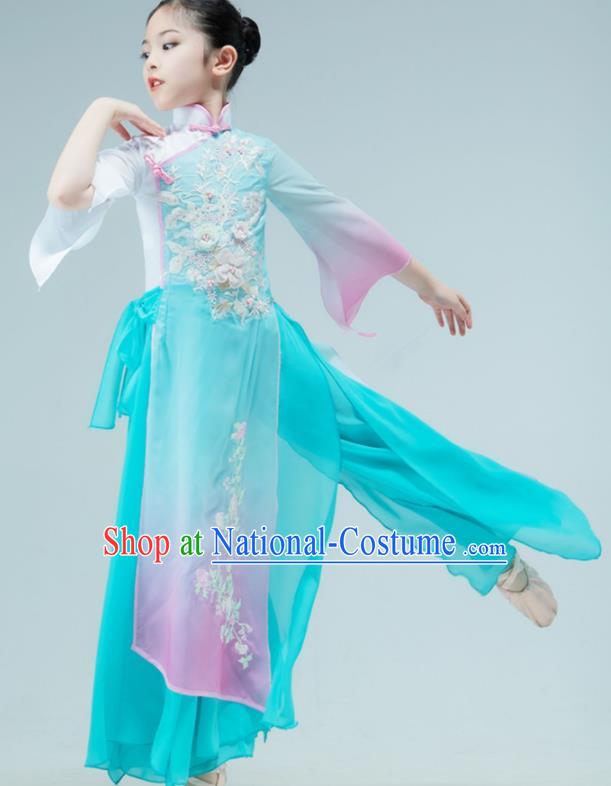 Chinese Children Fan Dance Clothing Stage Performance Costume Umbrella Dance Green Dress Outfit Classical Dance Garment