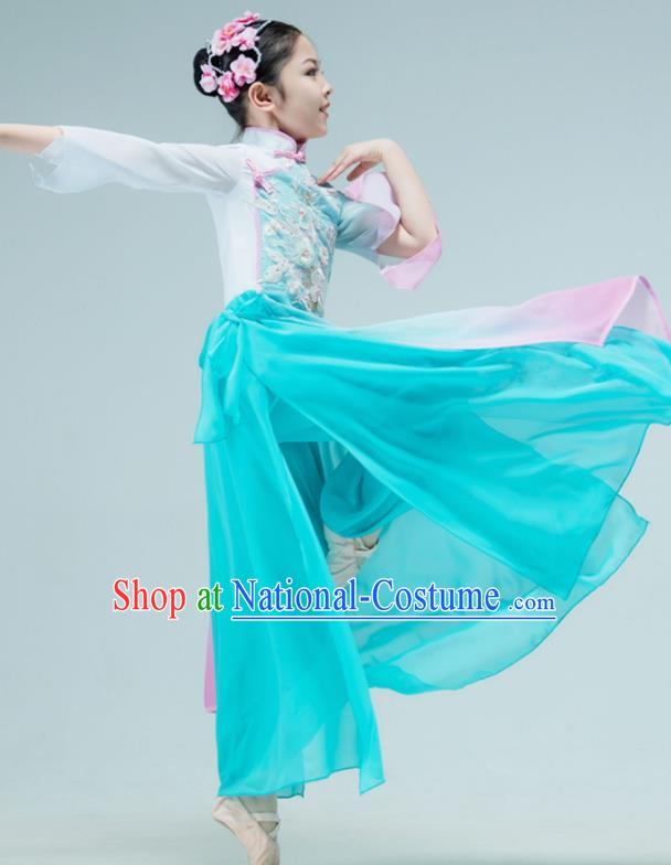 Chinese Children Fan Dance Clothing Stage Performance Costume Umbrella Dance Green Dress Outfit Classical Dance Garment