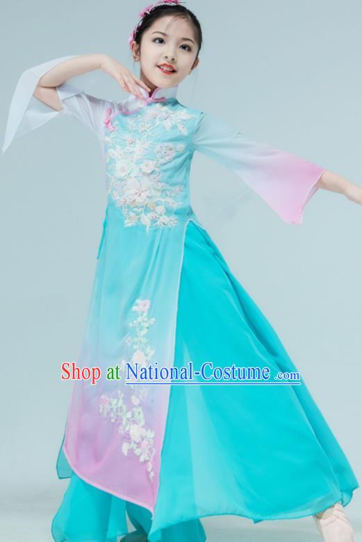 Chinese Children Fan Dance Clothing Stage Performance Costume Umbrella Dance Green Dress Outfit Classical Dance Garment