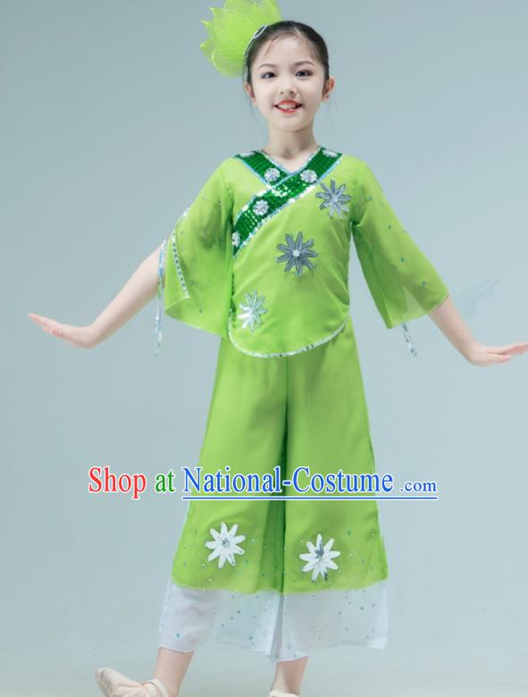 Chinese Folk Dance Clothing Stage Performance Costume Children Yangko Dance Green Outfit Fan Dance Garment