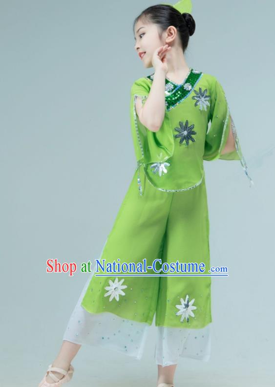 Chinese Folk Dance Clothing Stage Performance Costume Children Yangko Dance Green Outfit Fan Dance Garment