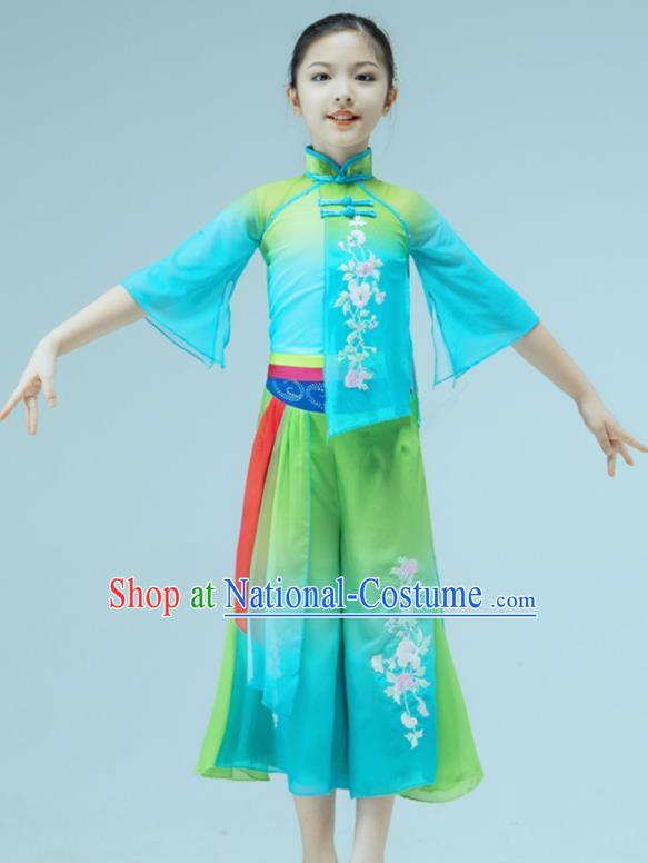 Chinese Yangko Dance Garment Children Dance Clothing Stage Performance Costume Folk Dance Green Outfit