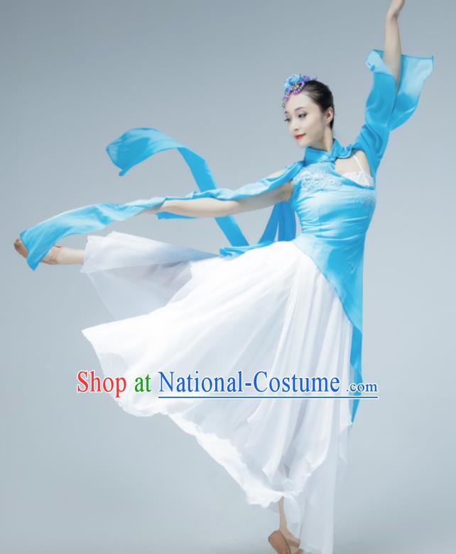 Chinese Stage Performance Costume Classical Dance Blue Dress Women Group Dance Garment Fan Dance Clothing