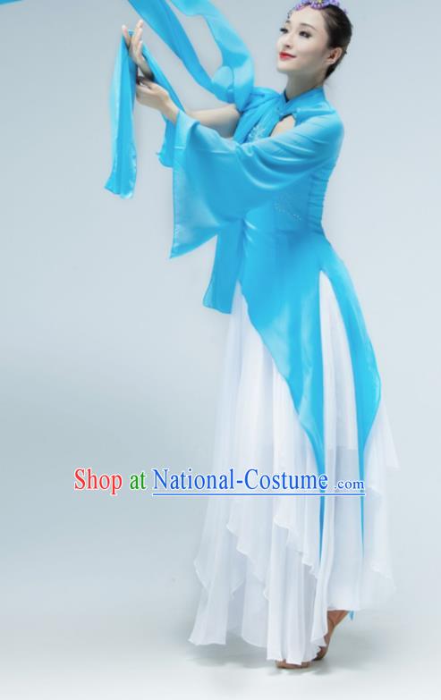 Chinese Stage Performance Costume Classical Dance Blue Dress Women Group Dance Garment Fan Dance Clothing